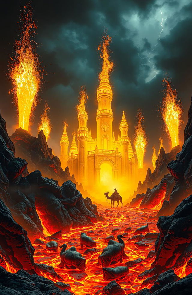 A surreal depiction of Hell, where giant sparks emerge like castles, illuminating the scene with a bright yellow light resembling camels