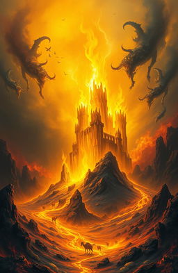 A surreal landscape representing Hell, featuring gigantic sparks erupting from the ground, resembling grand castles made of fire and molten rock