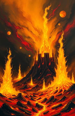 A surreal landscape representing Hell, featuring gigantic sparks erupting from the ground, resembling grand castles made of fire and molten rock