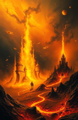 A surreal landscape representing Hell, featuring gigantic sparks erupting from the ground, resembling grand castles made of fire and molten rock