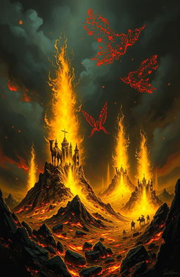 A surreal landscape representing Hell, featuring gigantic sparks erupting from the ground, resembling grand castles made of fire and molten rock