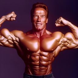 Arnold Schwarzenegger in his prime, showcasing his muscular physique by powerfully flexing his muscles, with a determined expression on his face.