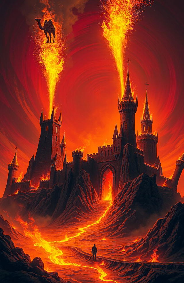 A surreal landscape depicting an imaginative version of 'Hell', featuring towering castles made of fire, throwing up giant sparks that illuminate the scene