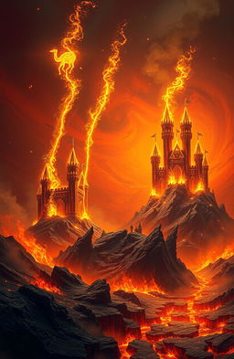 A surreal landscape depicting an imaginative version of 'Hell', featuring towering castles made of fire, throwing up giant sparks that illuminate the scene