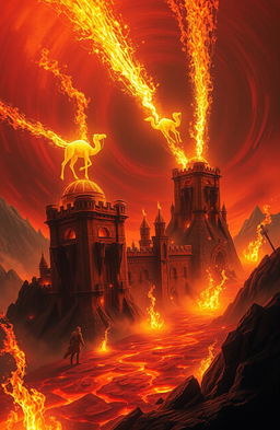 A surreal landscape depicting an imaginative version of 'Hell', featuring towering castles made of fire, throwing up giant sparks that illuminate the scene