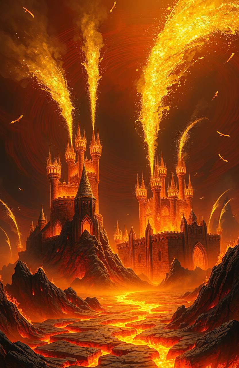 A surreal landscape depicting an imaginative version of 'Hell', featuring towering castles made of fire, throwing up giant sparks that illuminate the scene