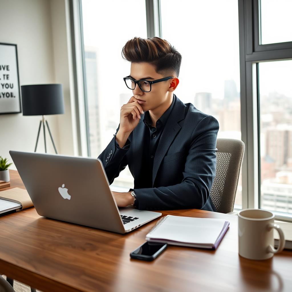 An ambitious young entrepreneur in a modern, stylish home office, sitting confidently at a sleek laptop