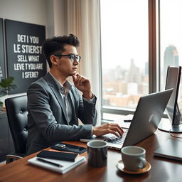An ambitious young entrepreneur in a modern, stylish home office, sitting confidently at a sleek laptop