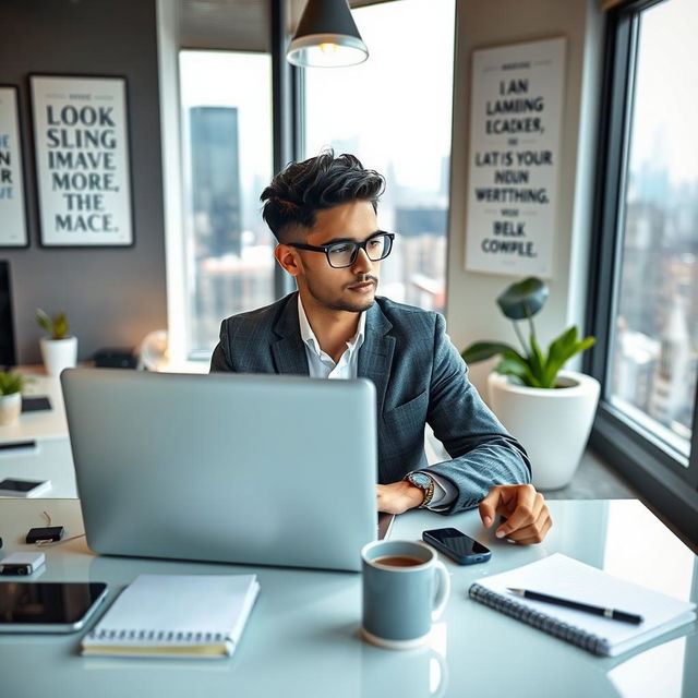 An ambitious young entrepreneur in a modern, stylish home office, sitting confidently at a sleek laptop