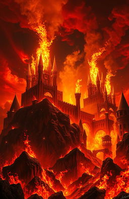 A surreal and imaginative depiction of hell, where giant sparks erupt like castles, creating a breathtaking and chaotic landscape