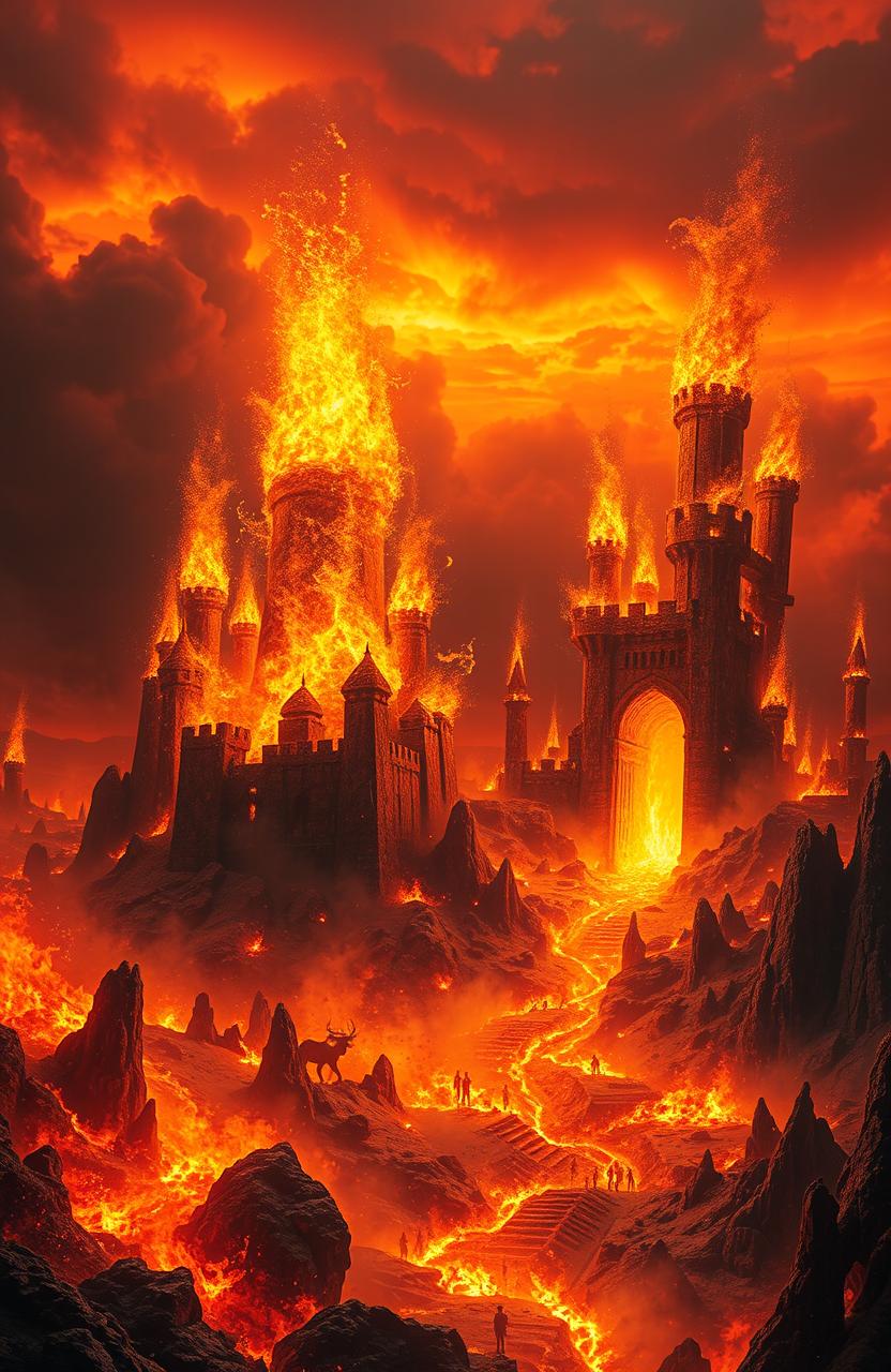 A surreal and imaginative depiction of hell, where giant sparks erupt like castles, creating a breathtaking and chaotic landscape