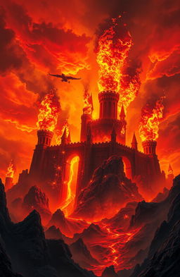 A surreal and imaginative depiction of hell, where giant sparks erupt like castles, creating a breathtaking and chaotic landscape