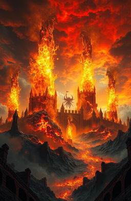 A surreal and imaginative depiction of hell, where giant sparks erupt like castles, creating a breathtaking and chaotic landscape