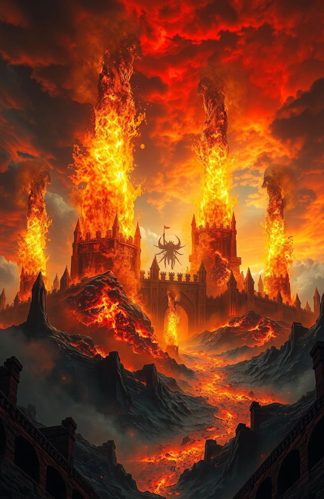 A surreal and imaginative depiction of hell, where giant sparks erupt like castles, creating a breathtaking and chaotic landscape