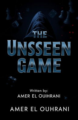 A book cover design for 'The Unseen Game' featuring a dark background in deep shades of black and navy blue, accented by hints of dark red and metallic silver