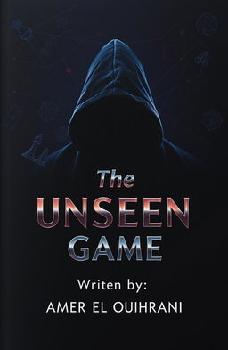 A book cover design for 'The Unseen Game' featuring a dark background in deep shades of black and navy blue, accented by hints of dark red and metallic silver