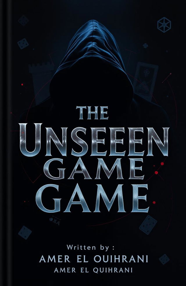 A book cover design for 'The Unseen Game' featuring a dark background in deep shades of black and navy blue, accented by hints of dark red and metallic silver