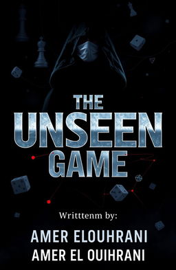 A book cover design for 'The Unseen Game' featuring a dark background in deep shades of black and navy blue, accented by hints of dark red and metallic silver