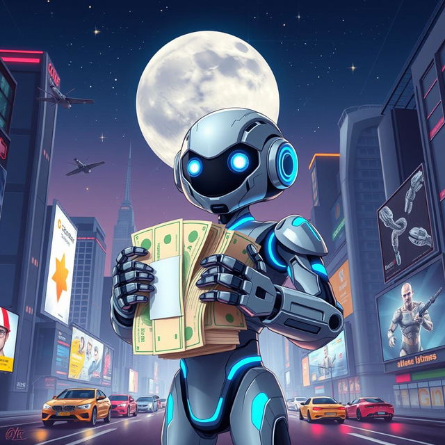 A digital illustration of a robot character inspired by AI technology, holding a large stack of money, in a futuristic cityscape