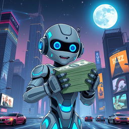 A digital illustration of a robot character inspired by AI technology, holding a large stack of money, in a futuristic cityscape