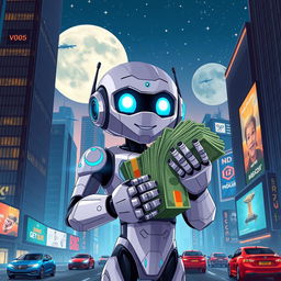 A digital illustration of a robot character inspired by AI technology, holding a large stack of money, in a futuristic cityscape