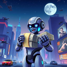 A digital illustration of a robot character inspired by AI technology, holding a large stack of money, in a futuristic cityscape