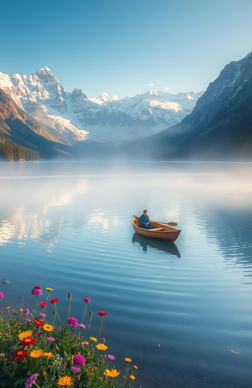 An ethereal landscape featuring a tranquil lake surrounded by towering, snow-capped mountains under a clear blue sky