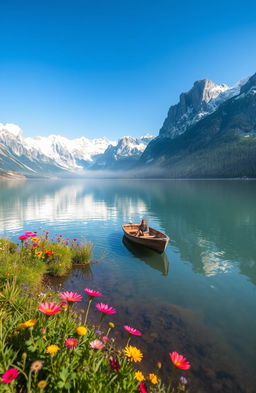 An ethereal landscape featuring a tranquil lake surrounded by towering, snow-capped mountains under a clear blue sky