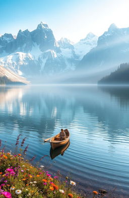 An ethereal landscape featuring a tranquil lake surrounded by towering, snow-capped mountains under a clear blue sky