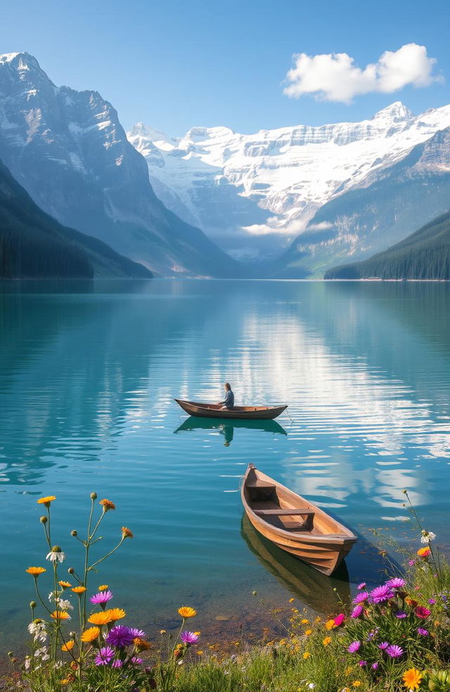 An ethereal landscape featuring a tranquil lake surrounded by towering, snow-capped mountains under a clear blue sky