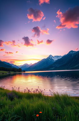 A stunning landscape of a serene lake at sunset, with vibrant colors reflecting off the water