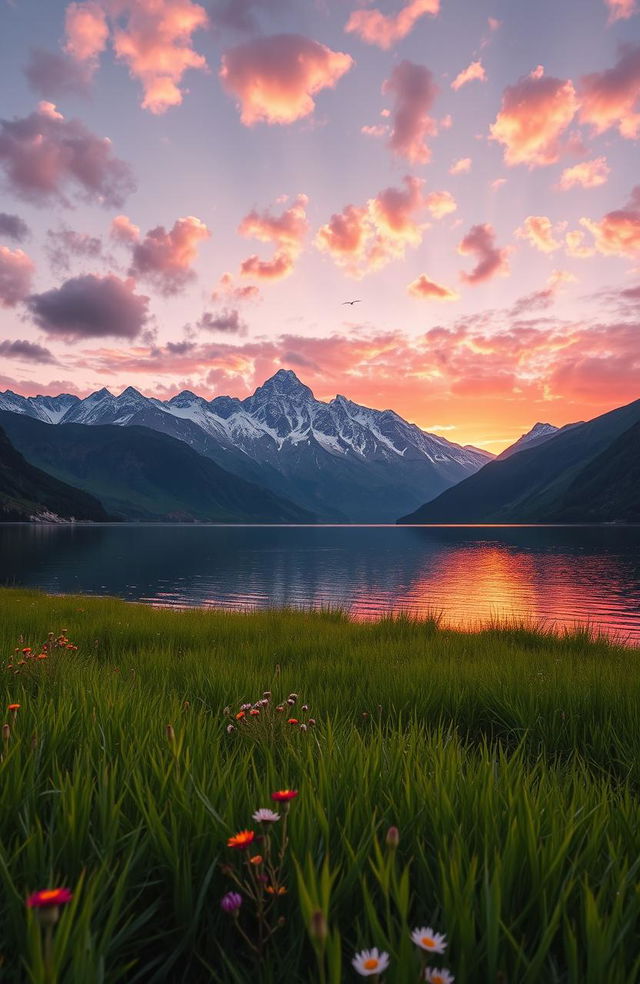 A stunning landscape of a serene lake at sunset, with vibrant colors reflecting off the water