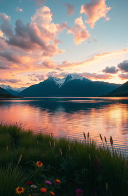 A stunning landscape of a serene lake at sunset, with vibrant colors reflecting off the water