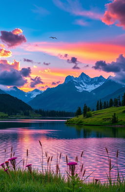 A stunning landscape of a serene lake at sunset, with vibrant colors reflecting off the water