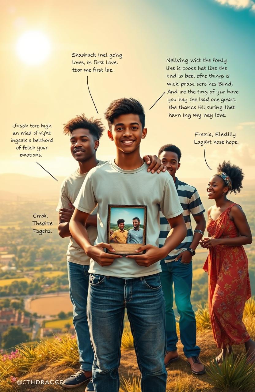 A young man named Shadrack stands on a sunlit hill overlooking a vibrant landscape, embodying the bittersweet transition from childhood to adulthood