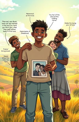 A young man named Shadrack stands on a sunlit hill overlooking a vibrant landscape, embodying the bittersweet transition from childhood to adulthood