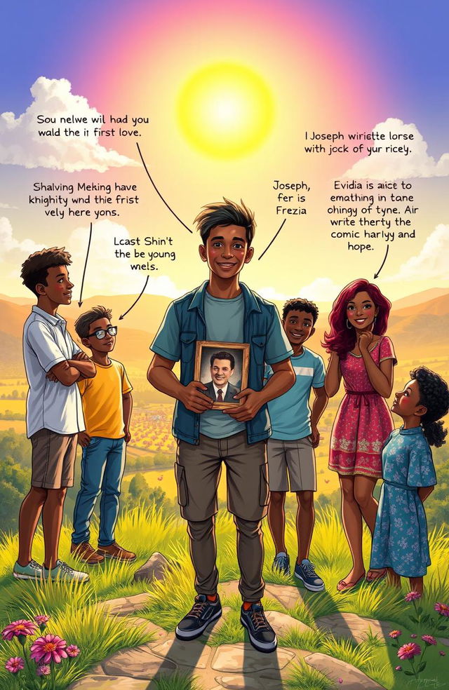 A young man named Shadrack stands on a sunlit hill overlooking a vibrant landscape, embodying the bittersweet transition from childhood to adulthood