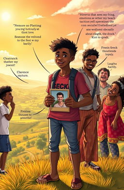 A young man named Shadrack stands on a sunlit hill overlooking a vibrant landscape, embodying the bittersweet transition from childhood to adulthood