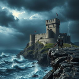 A dramatic scene showcasing a medieval castle perched on a cliff overlooking a turbulent sea