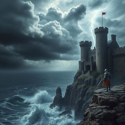 A dramatic scene showcasing a medieval castle perched on a cliff overlooking a turbulent sea
