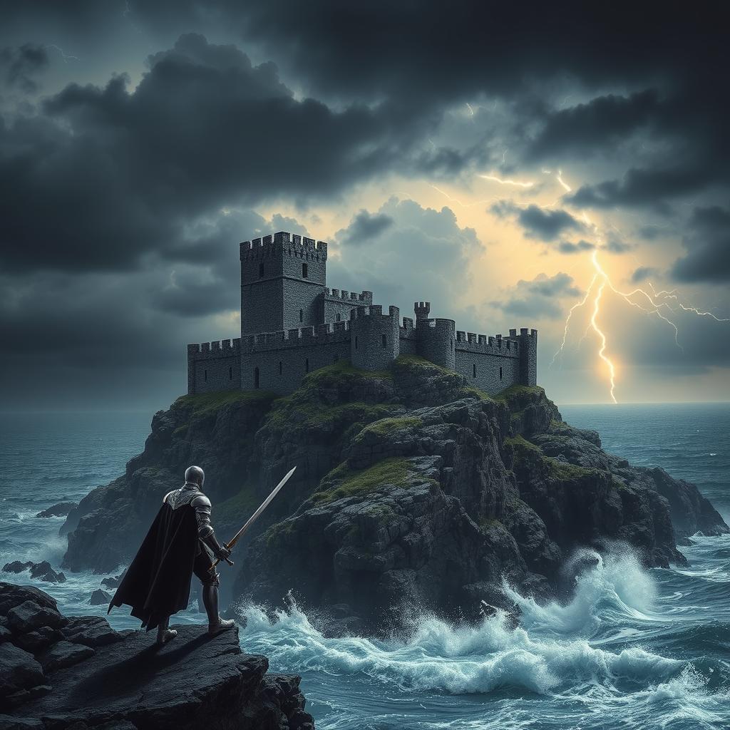 A dramatic scene showcasing a medieval castle perched on a cliff overlooking a turbulent sea