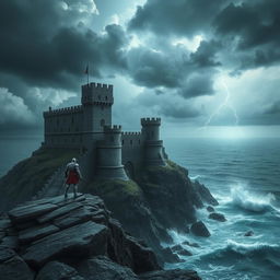 A dramatic scene showcasing a medieval castle perched on a cliff overlooking a turbulent sea