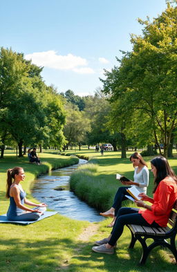 A serene and inspiring self-help and self-improvement scene depicting a diverse group of individuals engaging in various personal growth activities