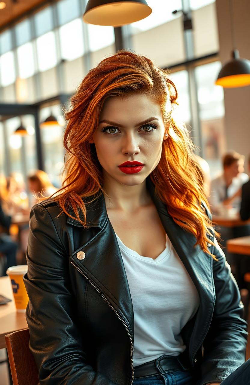 A realistic portrait of a determined young woman in her 20s, with fiery red hair styled in loose waves, sitting confidently in a modern coffee shop setting