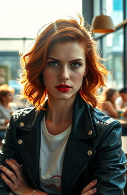 A realistic portrait of a determined young woman in her 20s, with fiery red hair styled in loose waves, sitting confidently in a modern coffee shop setting