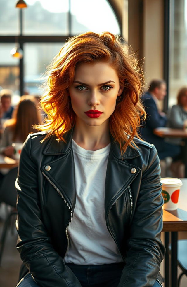 A realistic portrait of a determined young woman in her 20s, with fiery red hair styled in loose waves, sitting confidently in a modern coffee shop setting