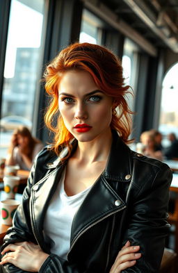 A realistic portrait of a determined young woman in her 20s, with fiery red hair styled in loose waves, sitting confidently in a modern coffee shop setting