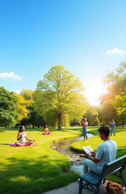 A serene and inspiring self-help and self-improvement scene depicting a diverse group of individuals engaging in various personal growth activities