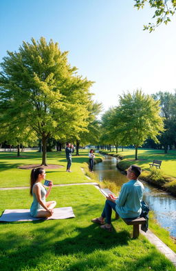 A serene and inspiring self-help and self-improvement scene depicting a diverse group of individuals engaging in various personal growth activities