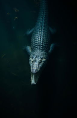 A crocodile gracefully swimming downwards in murky waters, showcasing its powerful body and sharp teeth, surrounded by shadowy aquatic plants and debris